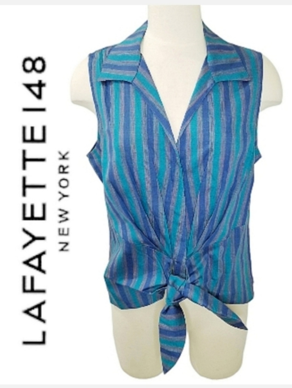 Lafayette 148 Tie Waist Buttonfront Top Blue Turquoise Stripe Sleeveless 12 NWT